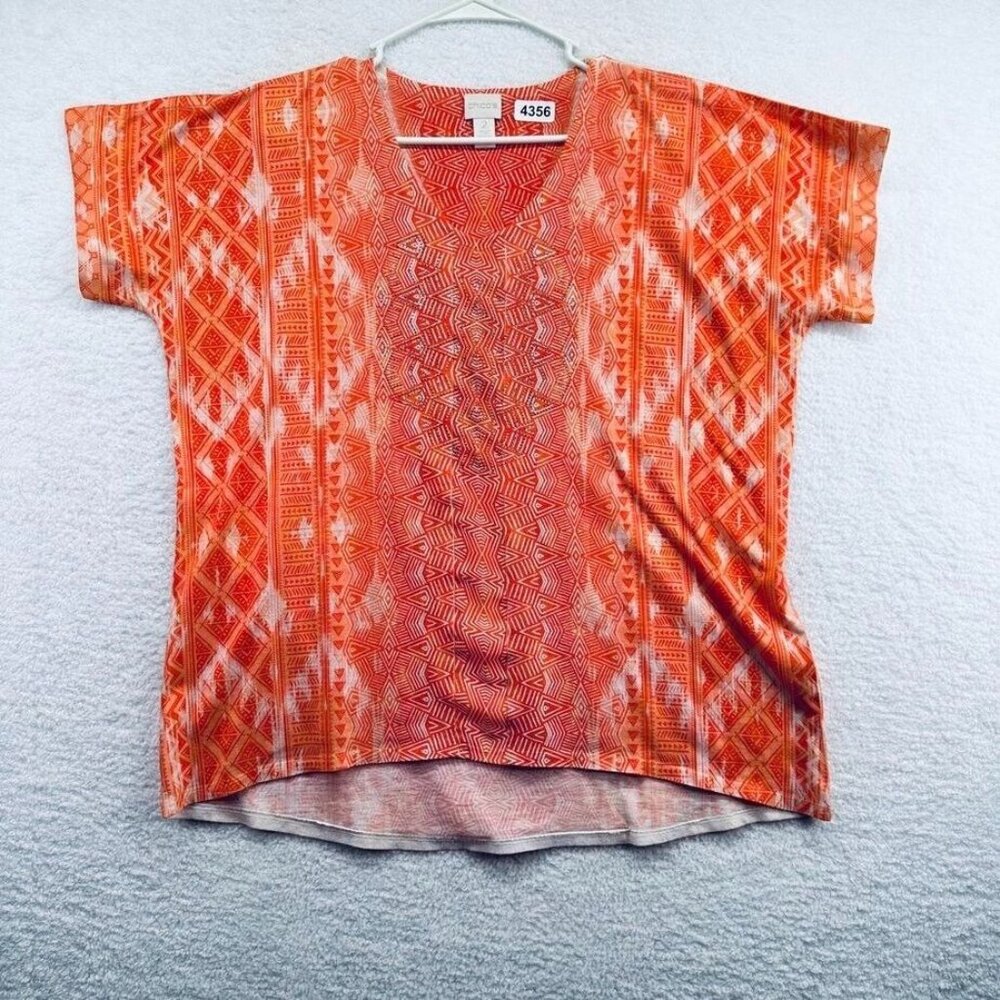 Chicos Womens V Neck Shirt Size Large Orange Geometric Metallic Rhinestones